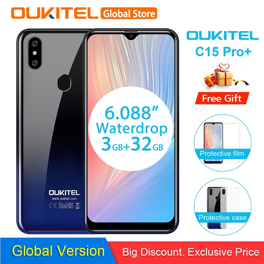 OUKITEL C15 Pro+ 6.088'' 19:9 Android 9.0 Pie 3GB 32GB MT6761 Waterdrop Smartphone Fingerprint Face ID 5G WiFi 4G Mobile Phone