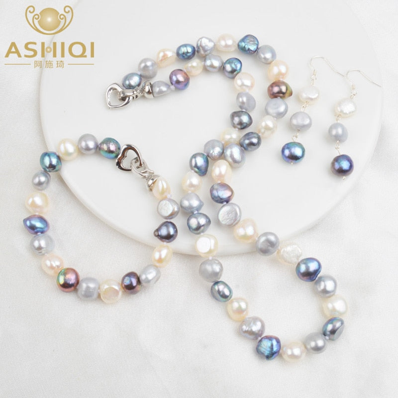 ASHIQI Natural Baroque Pearl Jewelry Sets for Women 9-10mm Freshwater Pearl NE+BR+EA
