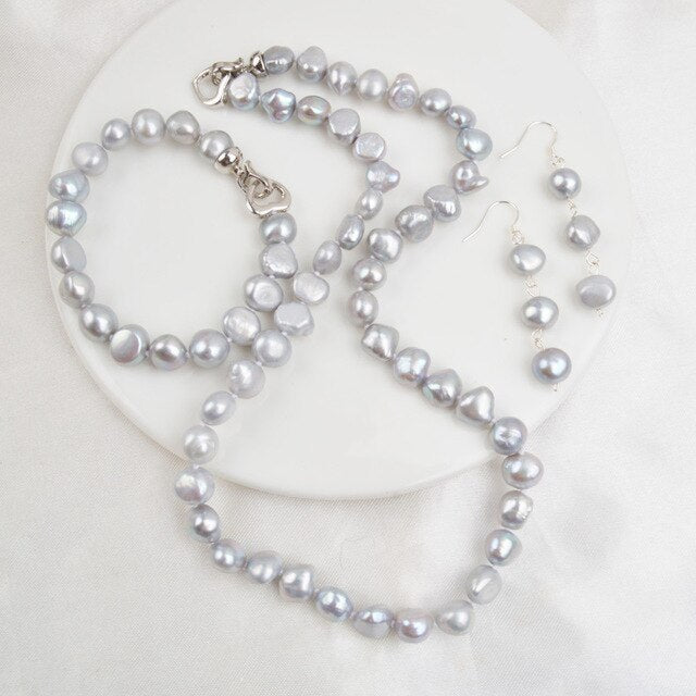 ASHIQI Natural Baroque Pearl Jewelry Sets for Women 9-10mm Freshwater Pearl NE+BR+EA
