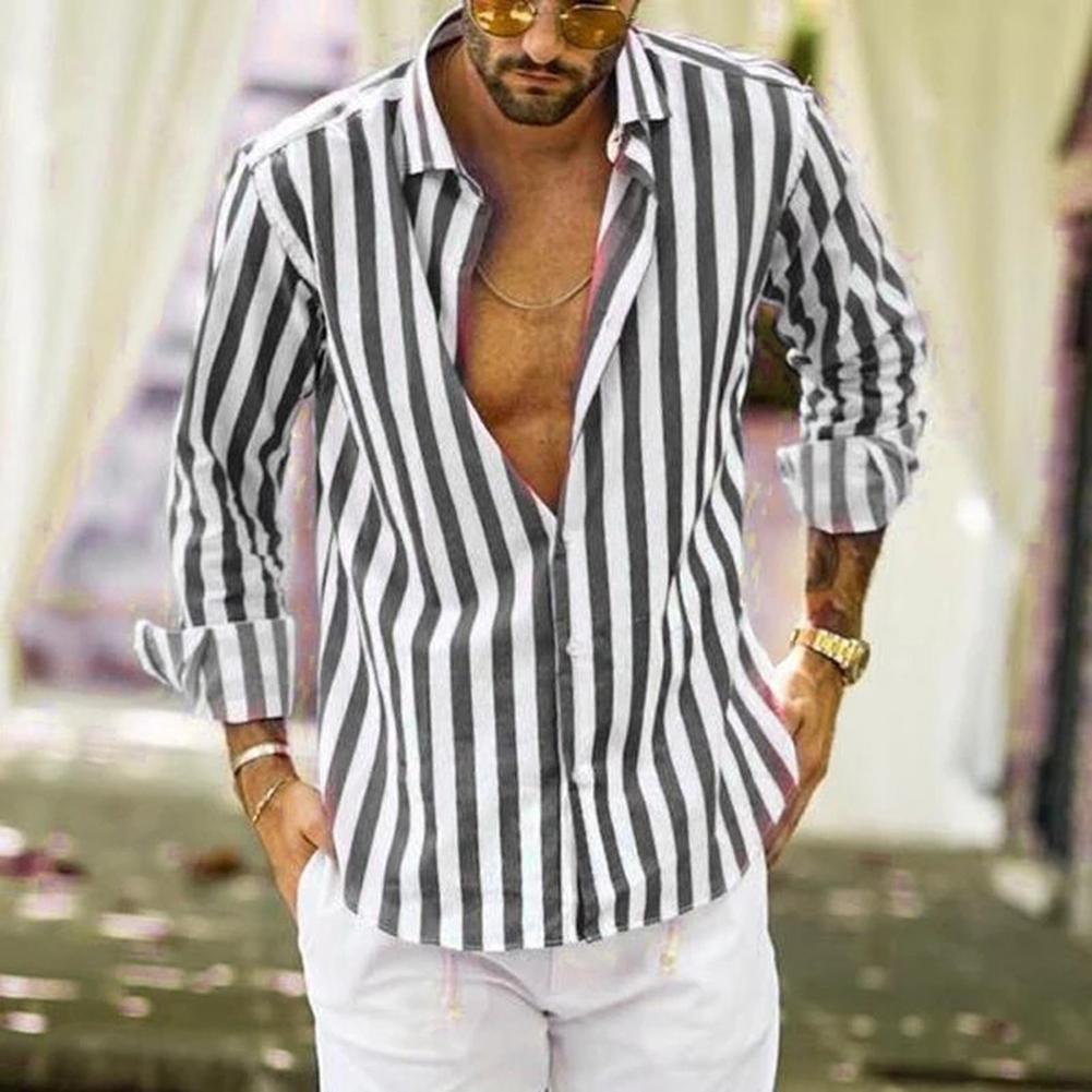 Stylish simple lapel vertical stripes loose buttons long sleeve men's three-color shirt top