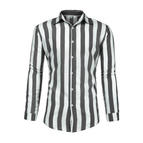 Stylish simple lapel vertical stripes loose buttons long sleeve men's three-color shirt top