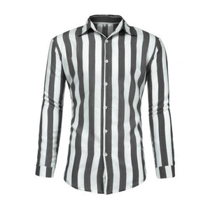 Stylish simple lapel vertical stripes loose buttons long sleeve men's three-color shirt top