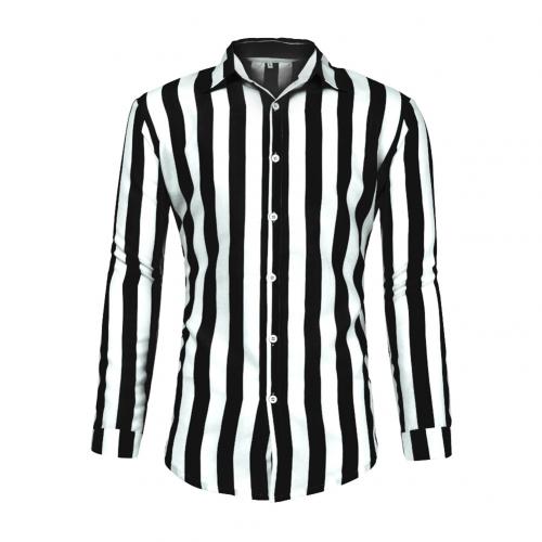 Stylish simple lapel vertical stripes loose buttons long sleeve men's three-color shirt top