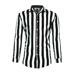 Stylish simple lapel vertical stripes loose buttons long sleeve men's three-color shirt top