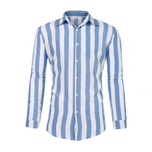 Stylish simple lapel vertical stripes loose buttons long sleeve men's three-color shirt top