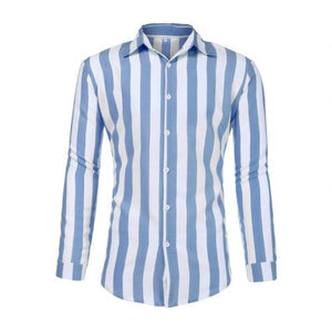 Stylish simple lapel vertical stripes loose buttons long sleeve men's three-color shirt top