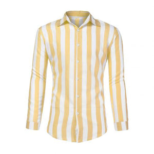 Stylish simple lapel vertical stripes loose buttons long sleeve men's three-color shirt top