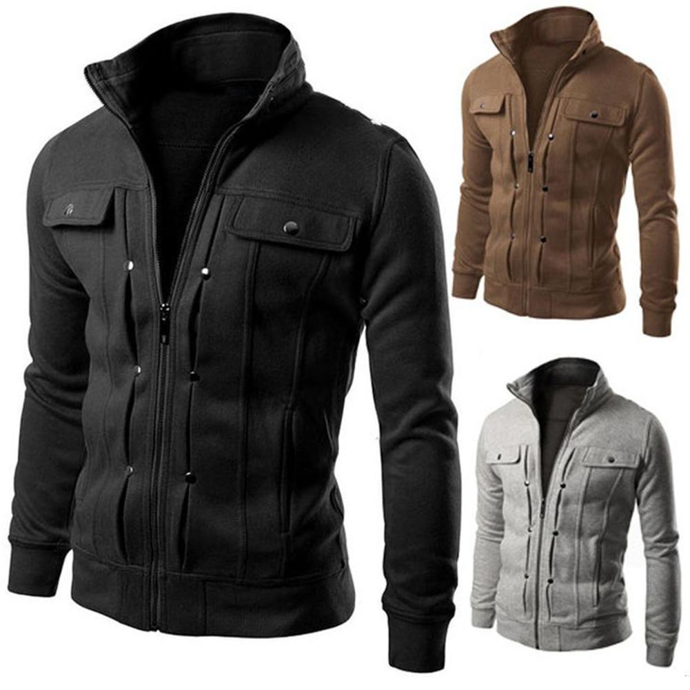 Plus Size S-4XL Jacket Mens New Solid Color Stand Collar Long Sleeve Zip Pocket Slim Jacket Coat Outerwear Sporting Coat Jacket