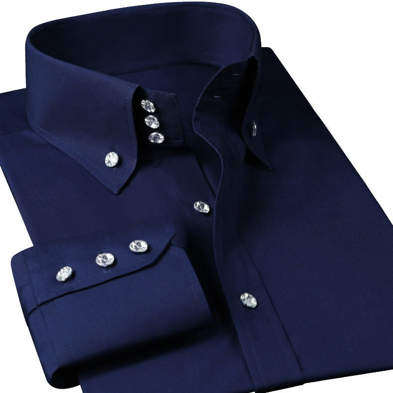 Casual diamond Buttons Mens Dress Shirts Long Sleeve Black Luxury Business Fashion Slim Fit High Collar Stage Western Blouse