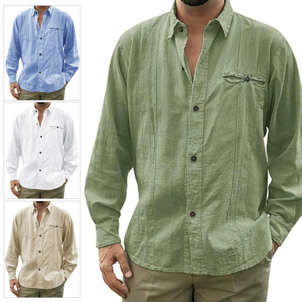 2020 Summer Men's Plus Size 3xl Shirts Men Casual Solid Color Long Sleeve Turn Down Collar Button Cotton Linen Shirt Top