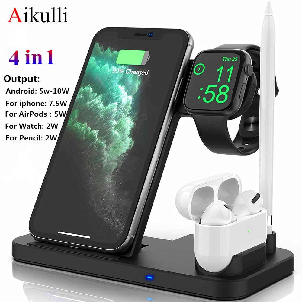 4 in 1 Wireless Charger QI 10W Fast  Charging Dock Stand For iphone 11 Pro 8 XR XS For Apple Watch 5 4 Airpods Pro Pencil Charge