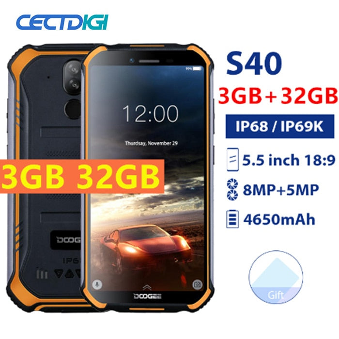 Original DOOGEE S40 3GB 32GB Android 9.0 4650mAh Smartphone IP68/IP69K waterproof 5.5inch MT6739 8MP NFC Face ID 4G Mobile Phone