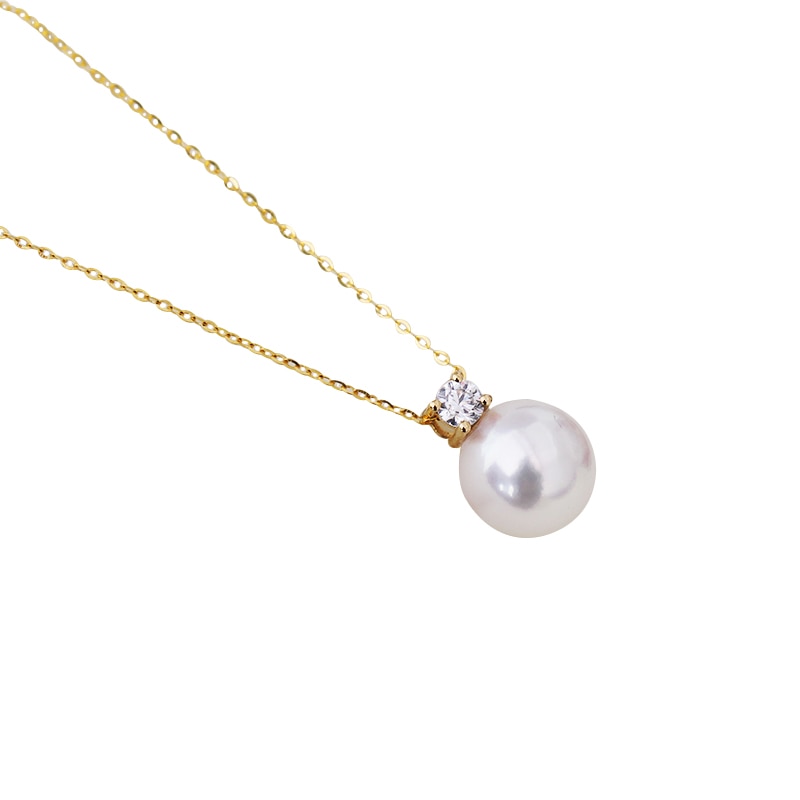 Real diamond princess pendant 8.5-10.5mm Natrual round pearl charm necklace in 18k Au750 gold with 45cm chains for women ladies